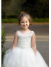 Beaded Ivory Lace Tulle Corset Back Long Flower Girl Dress